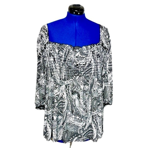 Avenue 22/24 black/white boho smocked on/off‎ shoulder bell sleeve babydoll top